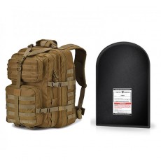 Military Tactical Backpack, Large 3 Day Assault Pack with 12 x 18” Level IIIA Ballistic Shield (Tan)